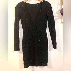 BLACK SHIMMER DEEP PLUNGE MINI DRESS - SIZE XS